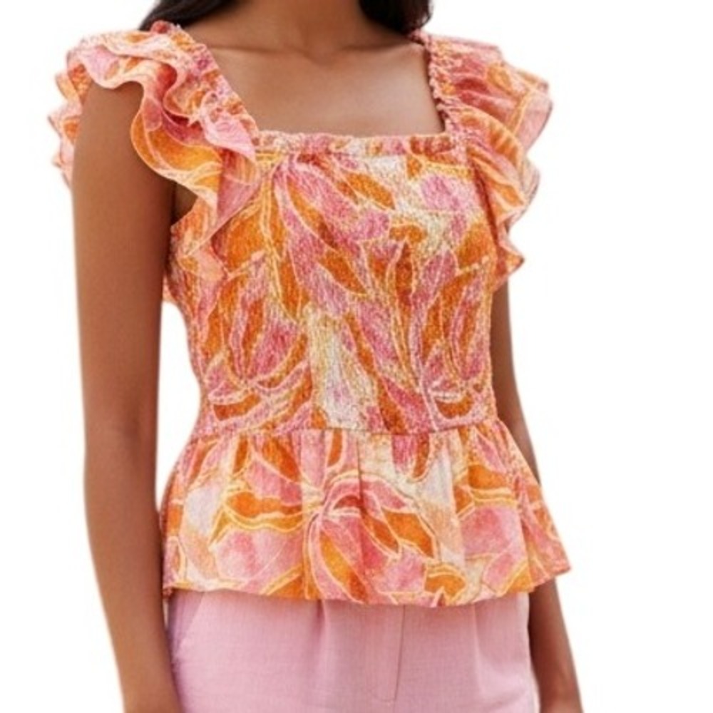 NANETTE LEPORE Vibrant Orange and Pink Ruffled Smocked Blouse‎ NEW $58 M